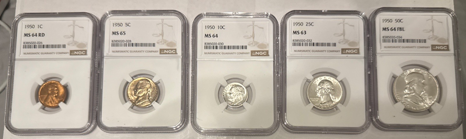 1950 UNCIRCULATED SET- Graded By NGC 63-64, Full Bell Lines Franklin 50c