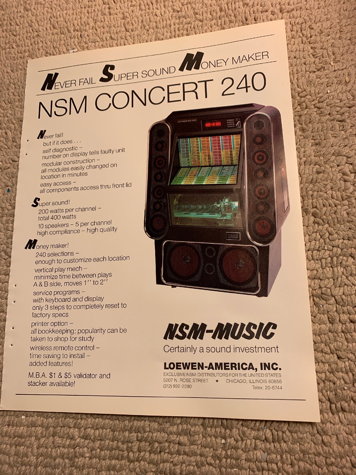Original 1985 11-8 1/4” Nsm Concert 240 Never fail jukebox FLYER