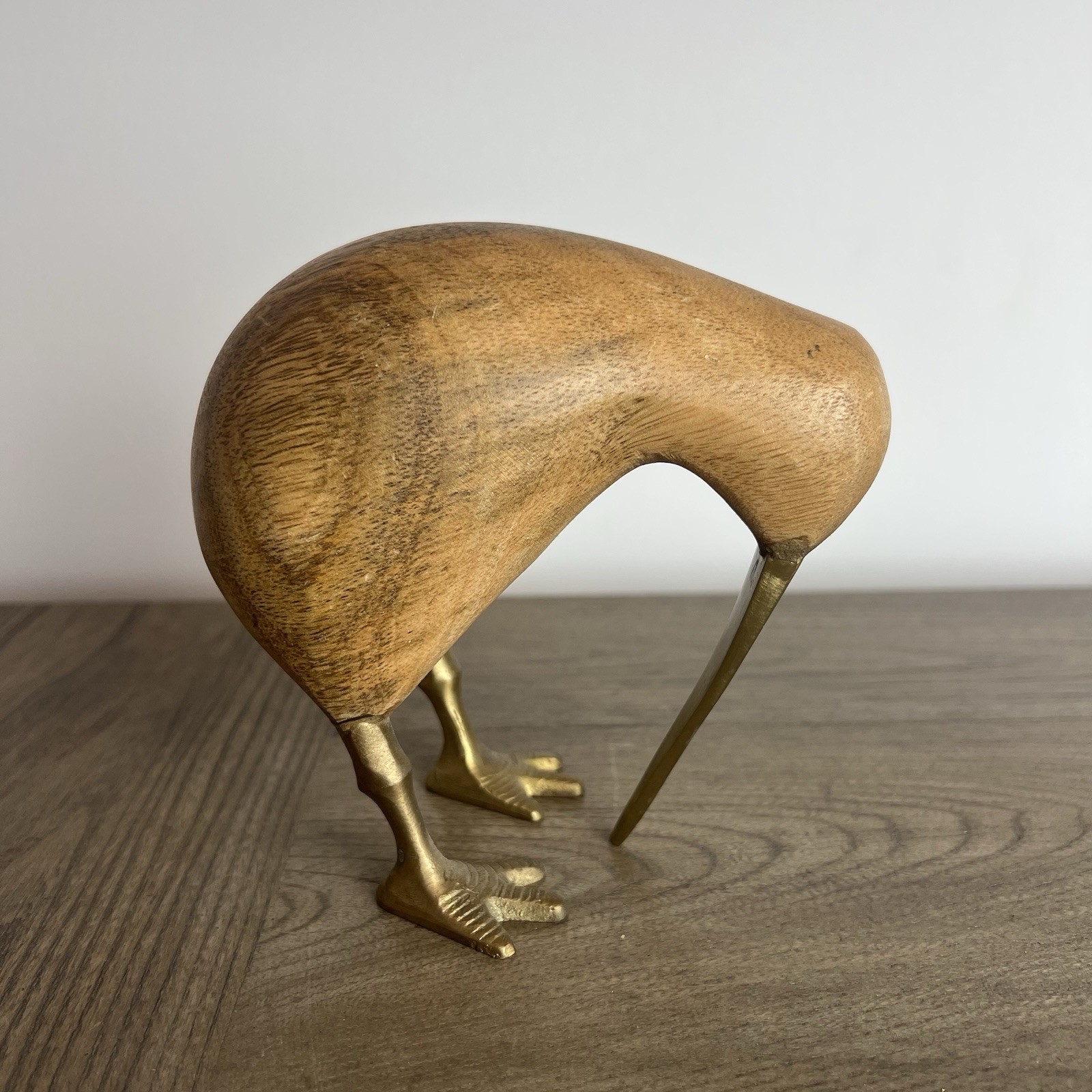 Crate and Barrel Wooden New Zealand Kiwi Bird Figurine With Brass Beak And Legs