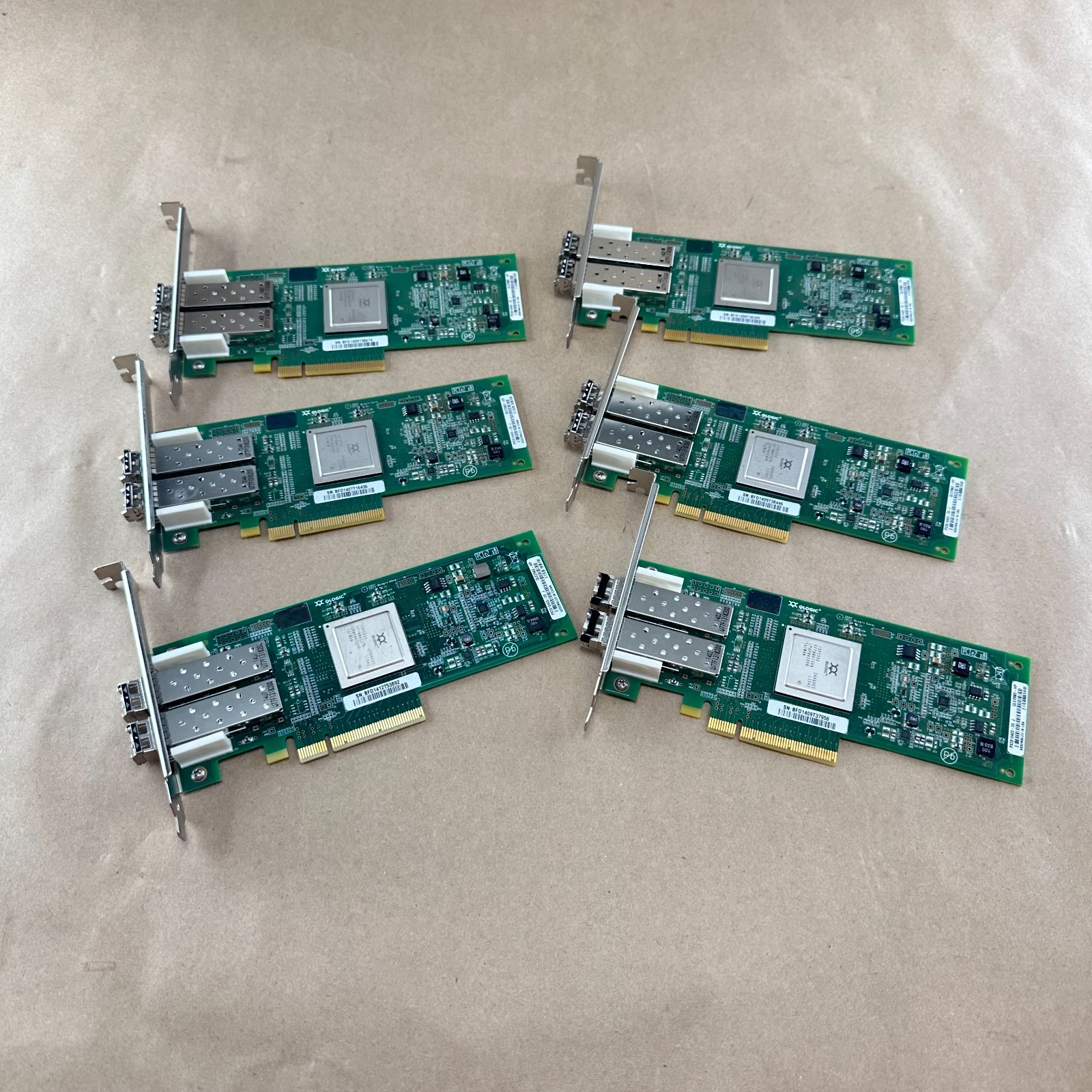 Lot of 6 HP QLogic QLE2562 8Gbps Dual-Port FC HBA w/ 2× AJ718A SFPs – Used