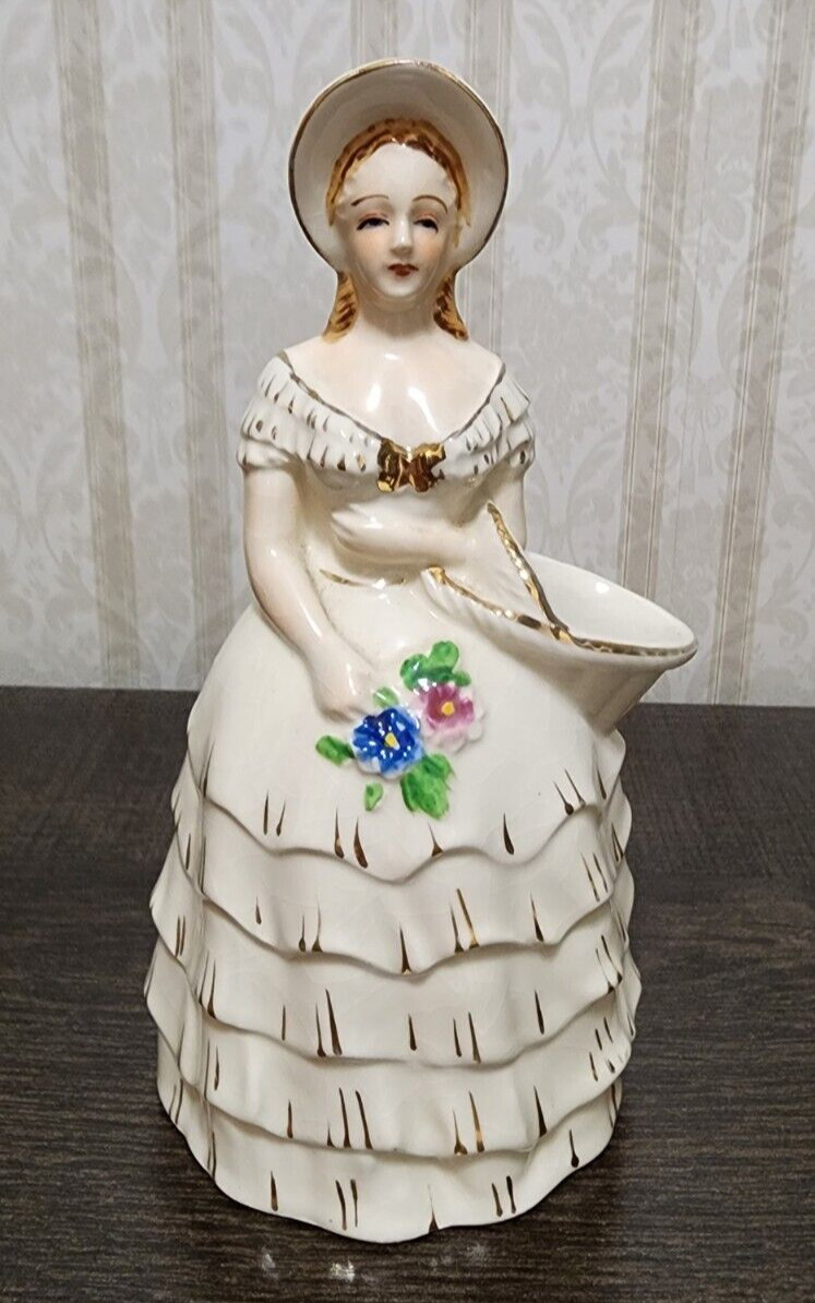 Vintage Southern Belle Ceramic Porcelain Planter Basket Floral Gold Lady  7"