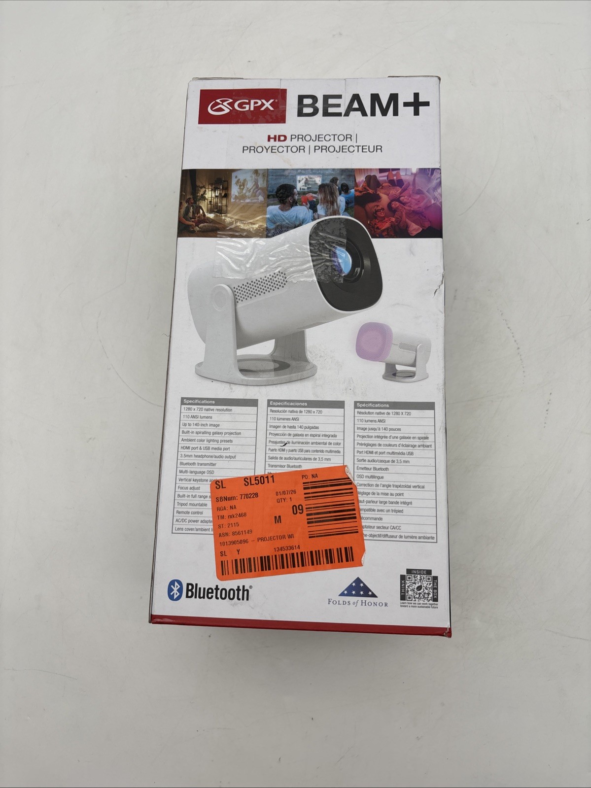 GPX Beam+ HD Projector Bluetooth HDMI USB Up To 140" Open Box