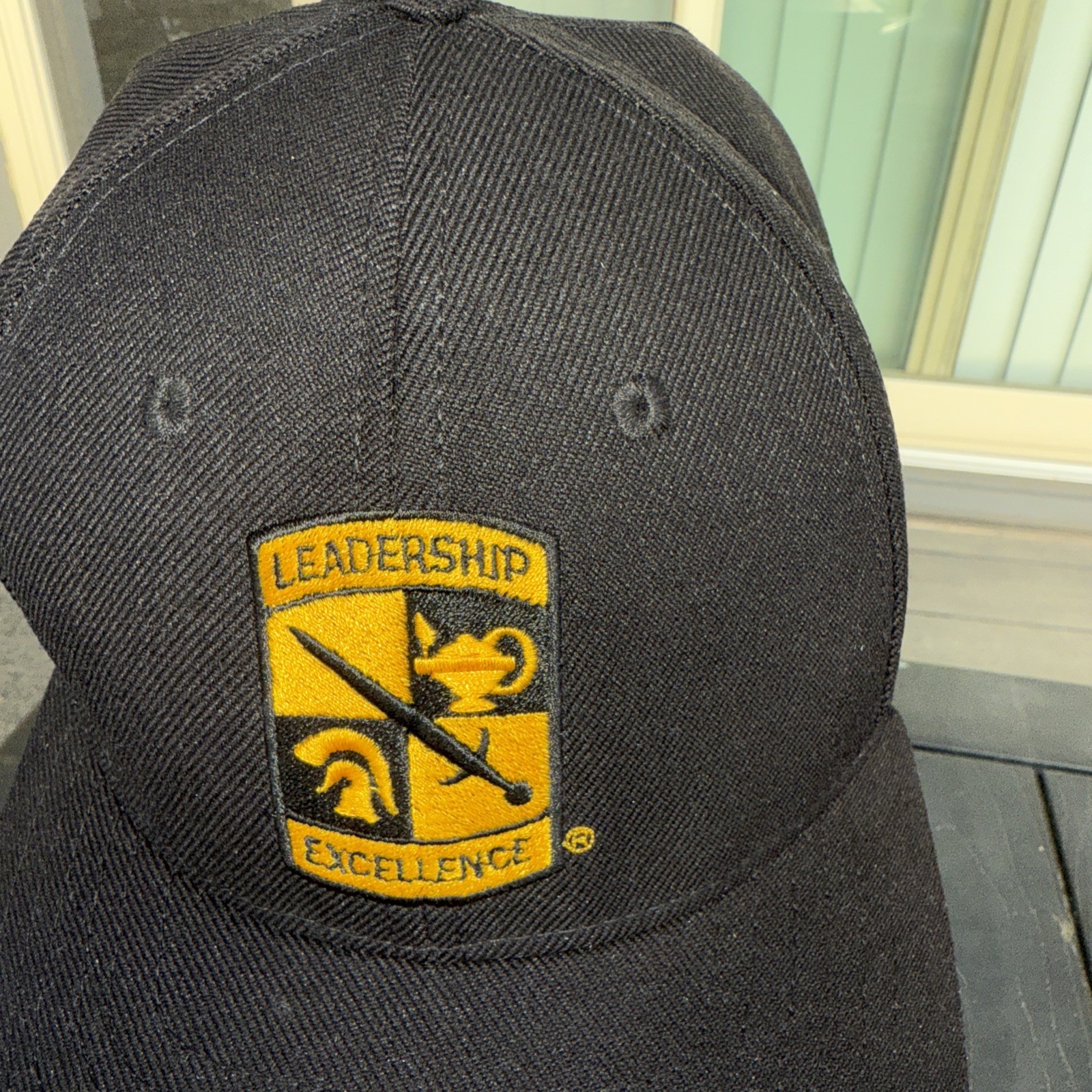 Army ROTC Black w Gold Letters Hat Cap Leadership Excellence Front Patch EUC