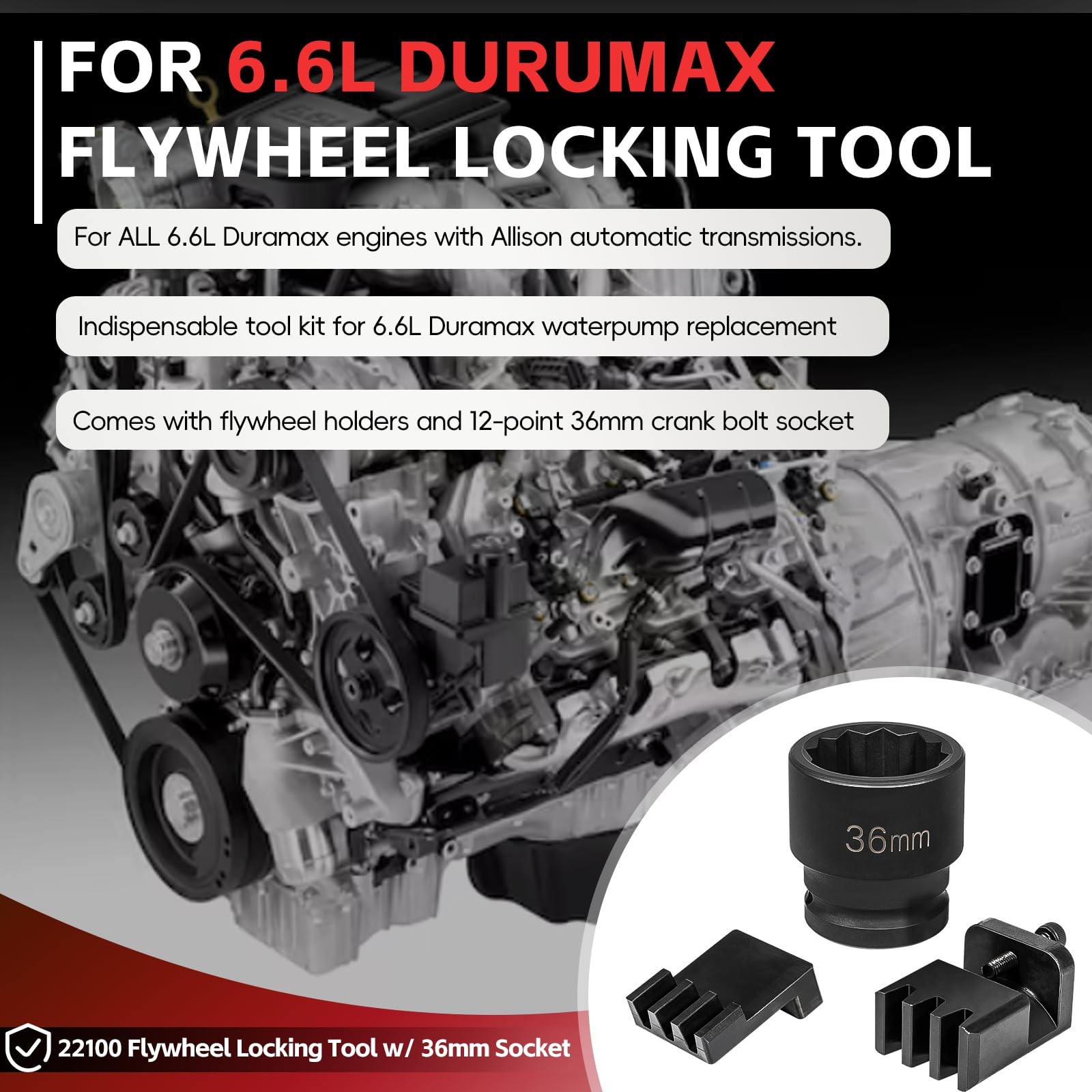 22100 Flywheel Locking Tool with 36mm 3/4" Drive Harmonic Balancer Socket -6.6 L