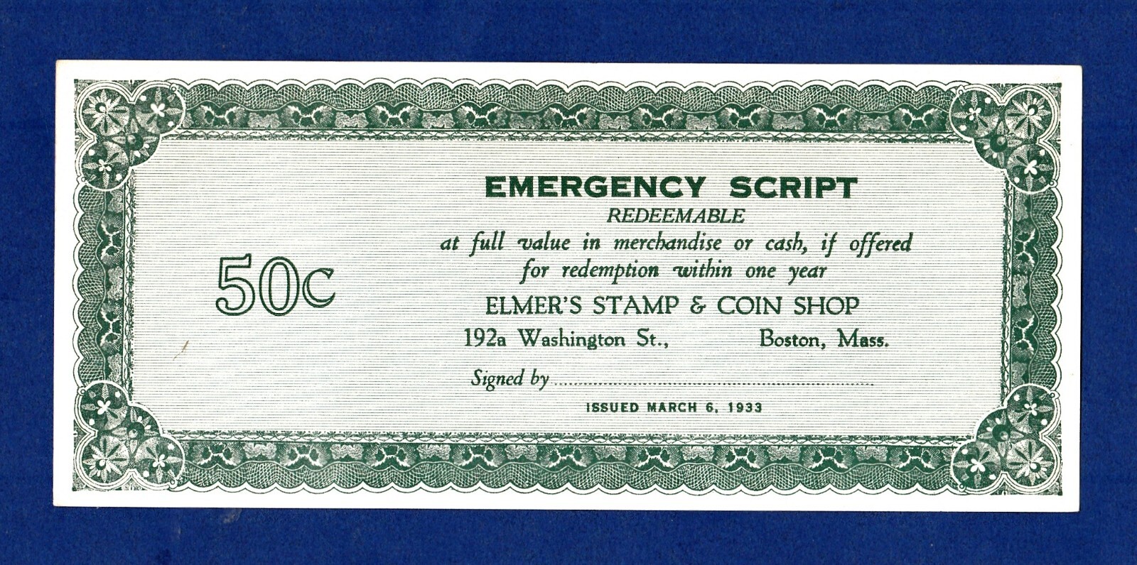 "Depression SCRIP" (BOSTON) 1933 50 CENT "MASSACHUSETTS" EMERGENCY SCRIPT (ONE)