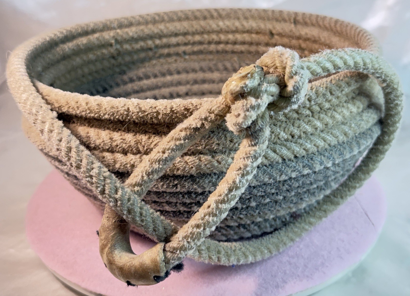 Lariat Rope Bowl Basket Handmade W/ Leather 9” X 4.5” Western Rodeo Natural