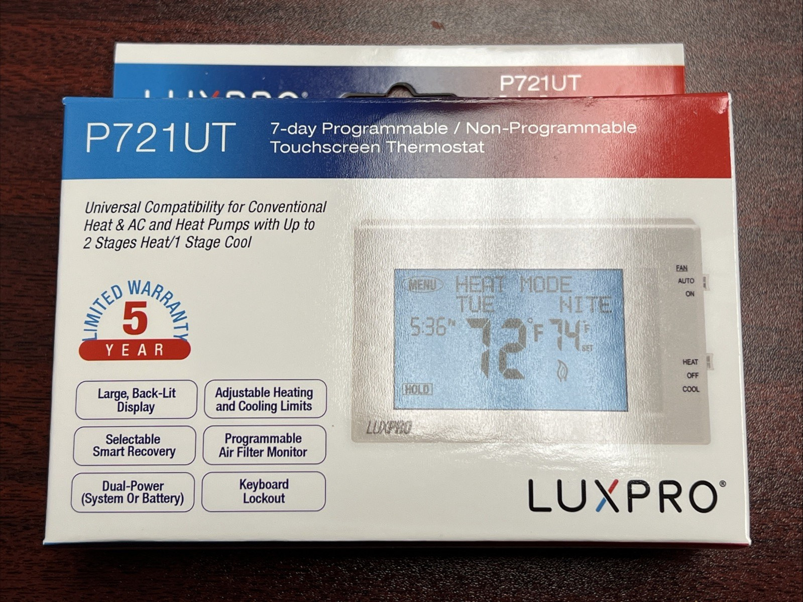 LuxPro Universal 7-Day Touchscreen Programmable or Manual Thermostat P721UT