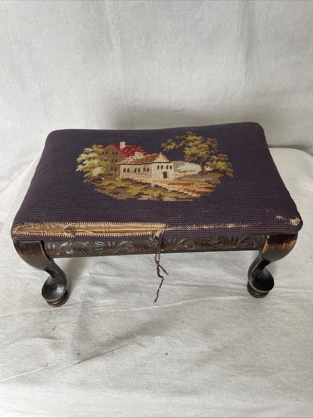 Antique Footstool Needlepoint Dark Wood Carved Wood Cottagecore Castle Core VTG