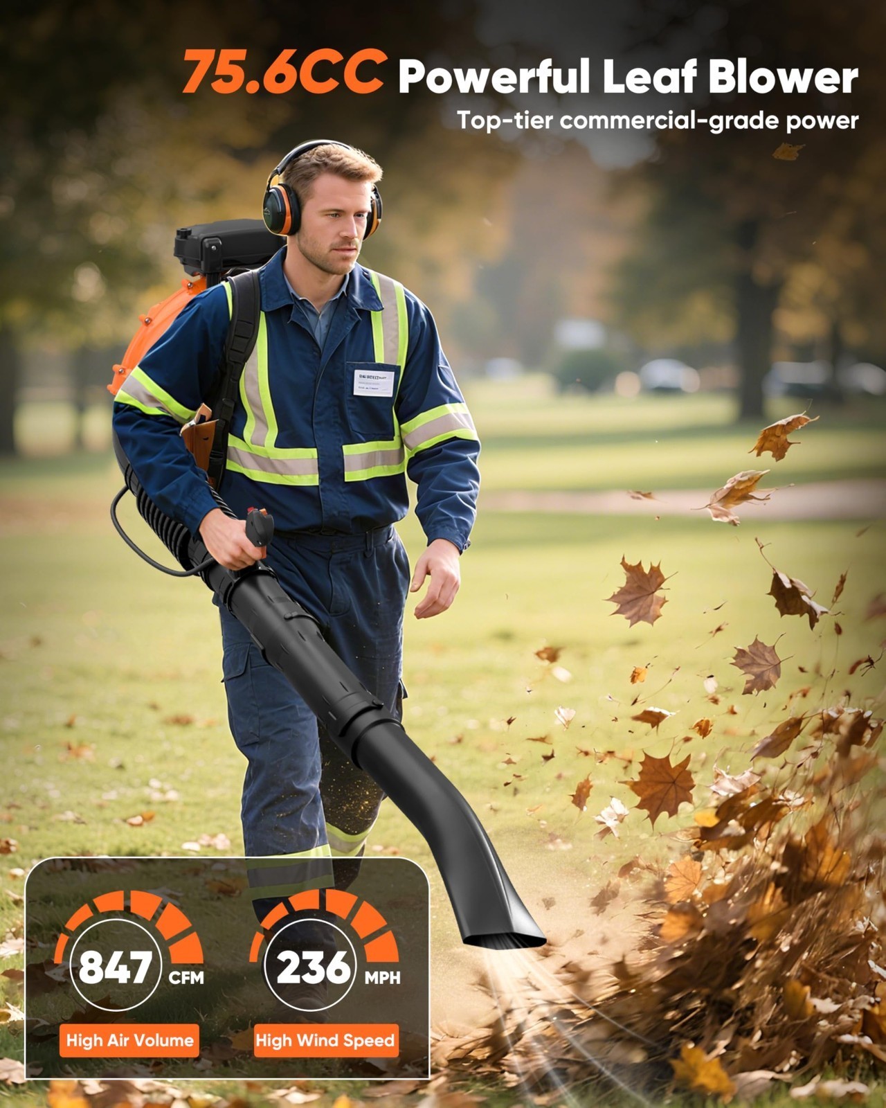Leaf Blower 75.6cc 2 Stroke Backpack Gas Powered Leaf Blower 847CFM 236 MPH US