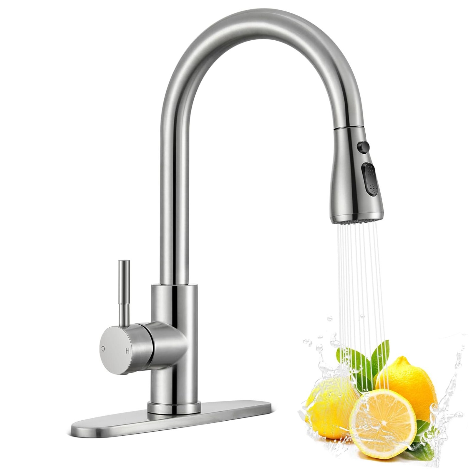 Stainless Steel Kitchen Faucet Single Handle Pull Down Sprayer with Deck Plate