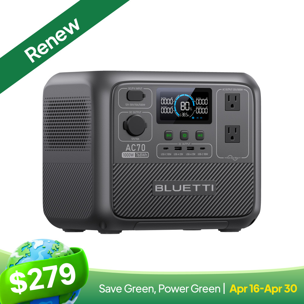 BLUETTI AC70 1000W 768Wh Portable Power Station LiFePO₄ Battery for Road Trip