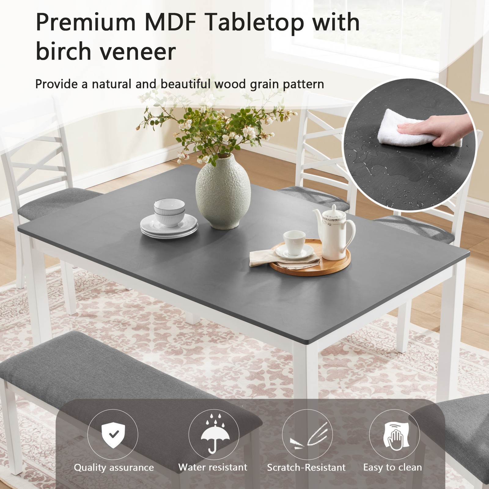 6-Piece Rectangular Wood Dining Table Set w/ Bench & 4 Upholstered Chair Modern