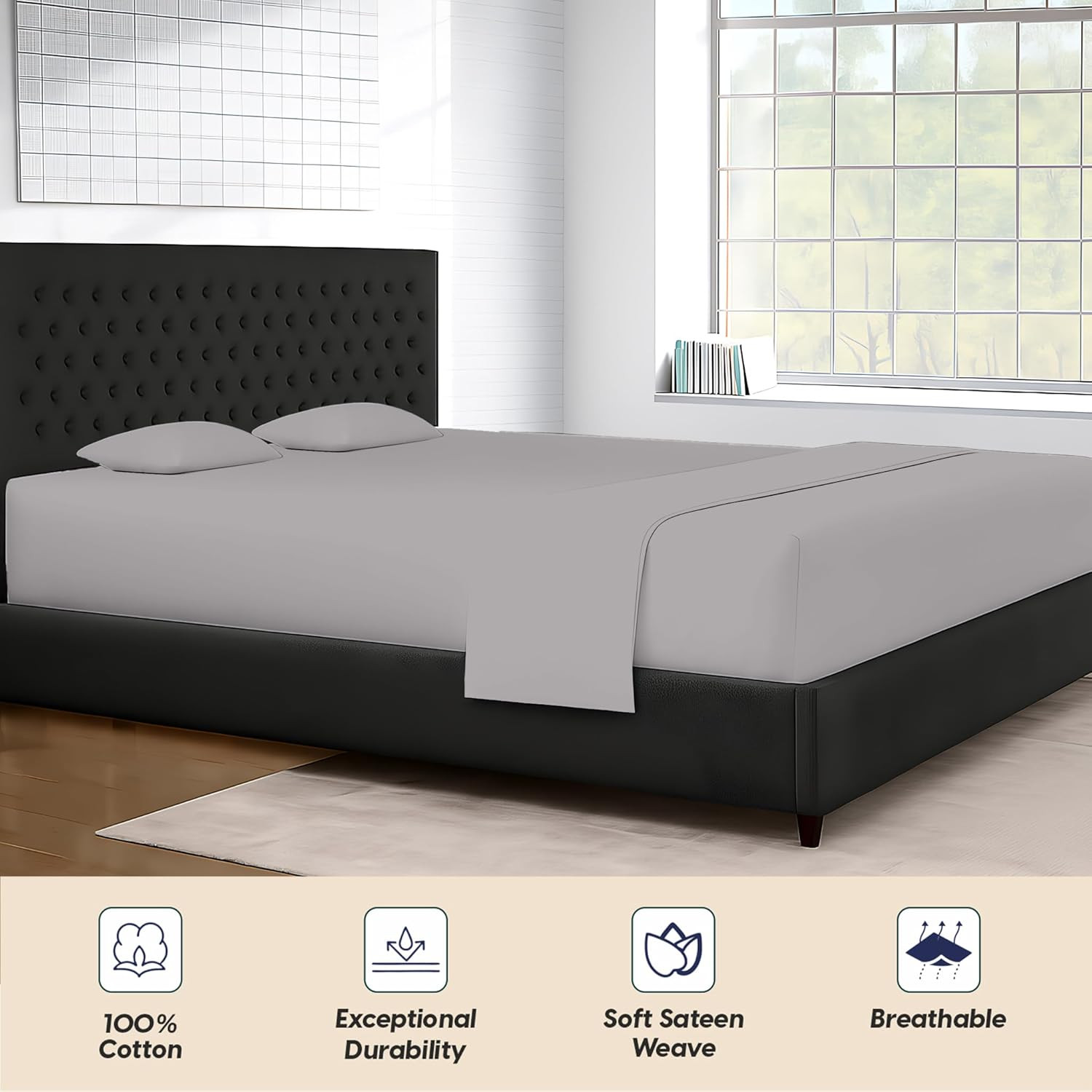 Luxury 120" x 80" King Sheet Set - 100% Egyptian Cotton, Silver