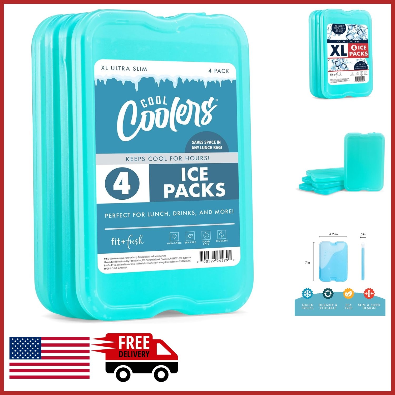 4 Pack XL Slim Ice Packs for Lunch Boxes Coolers Beach Camping Picnic
