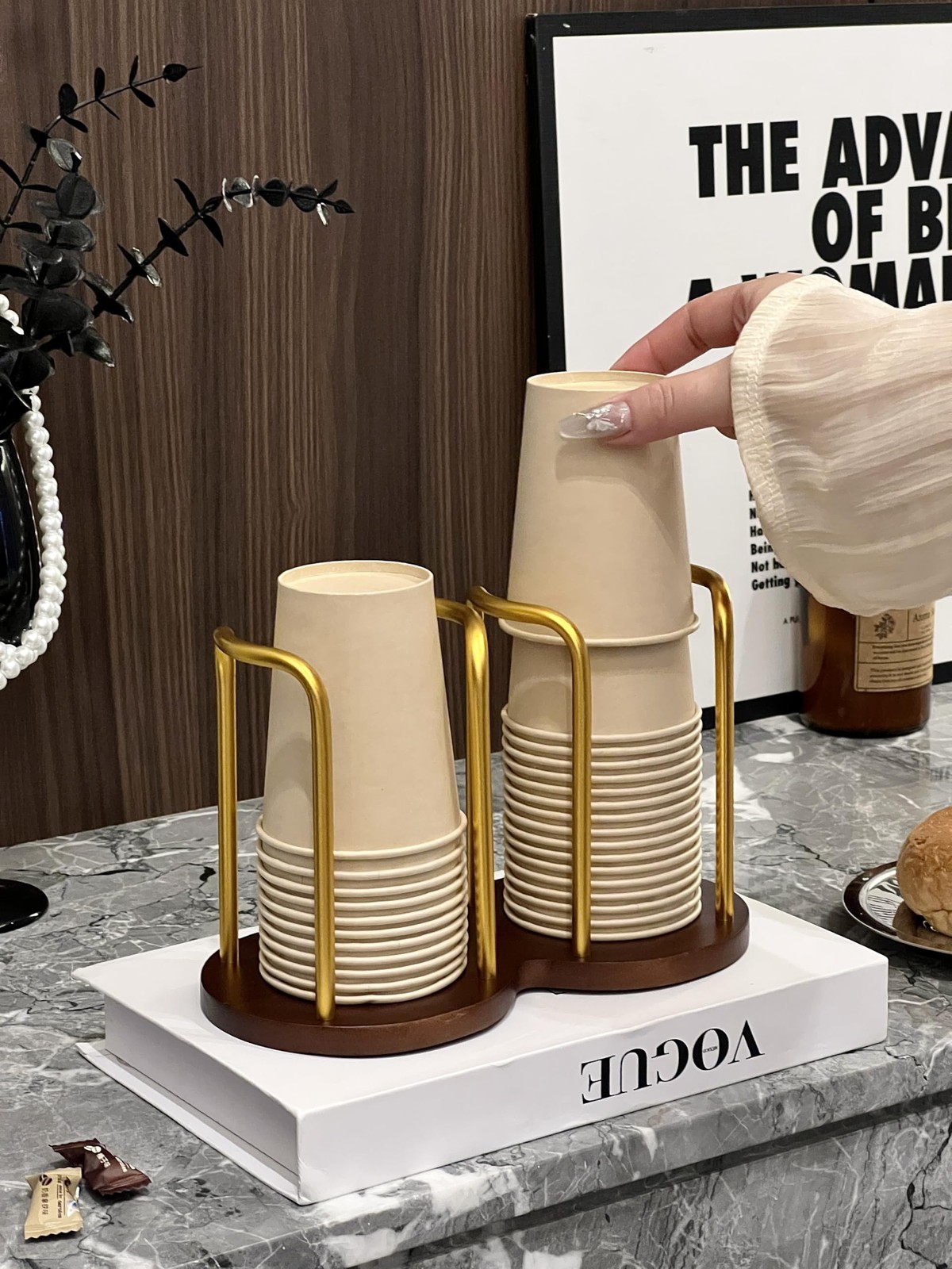Wood Cup Holder for Cups (Under 3.35in Diameter), Stylish Walnut Disposable C...