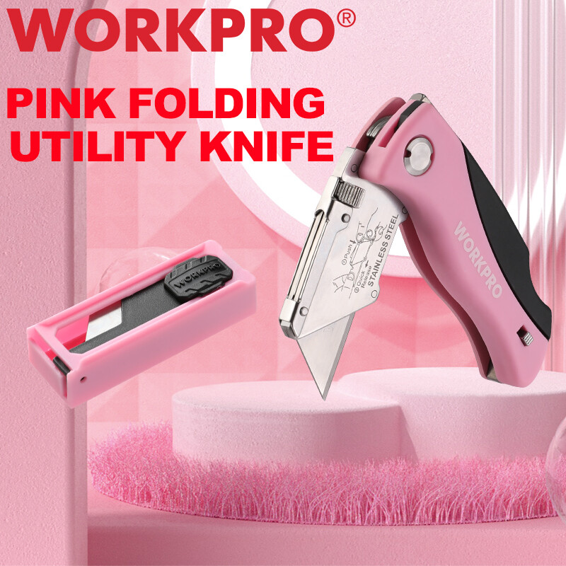 WORKPRO Folding Utility Knife Pink Razor Knife Quick Change Box Cutter 15 Blades