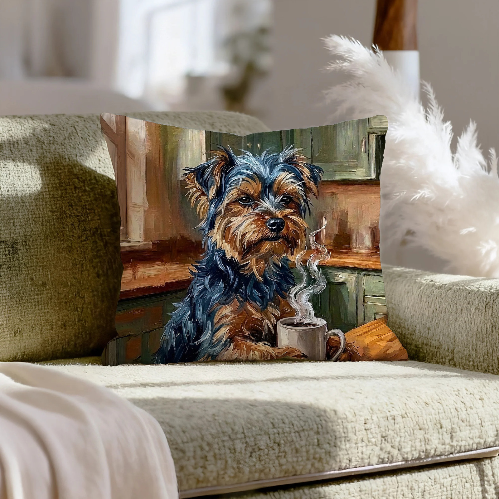 "Before Coffee" - Yorkie Pillow Cover - Dog Lover Home Decor