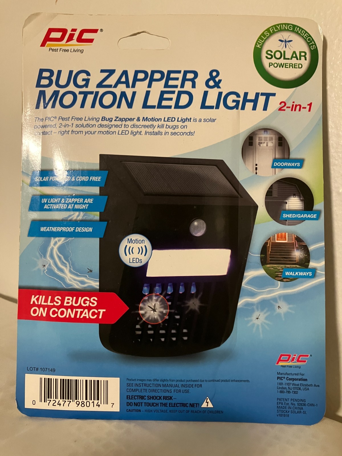 Bug Zapper Motion Activated LED Light Solar Powered Easy Assembly New & Sealed