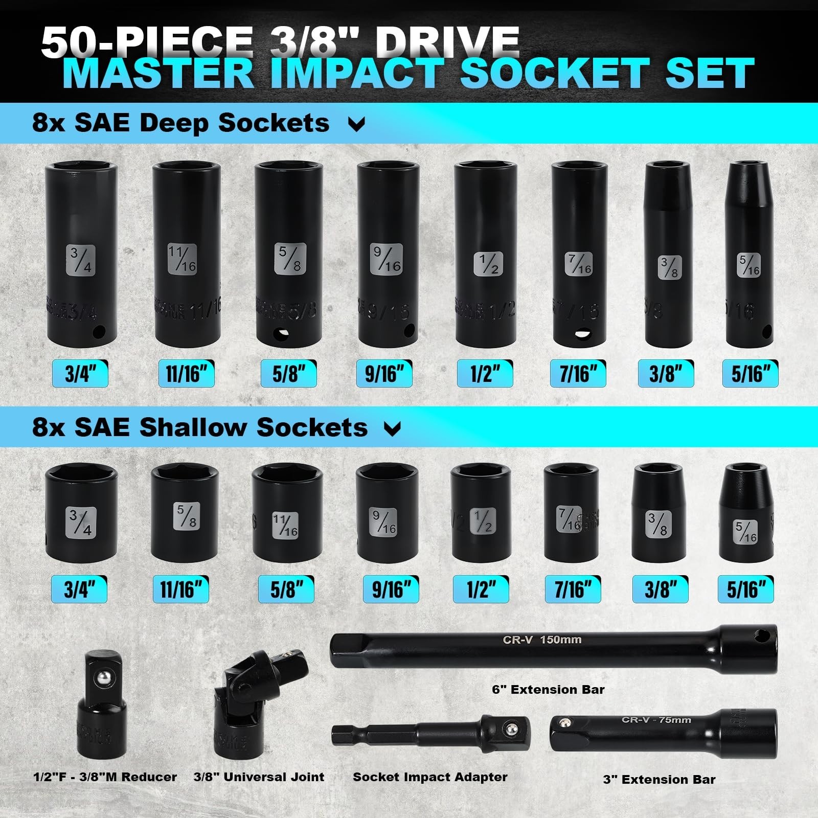 3/8 SAE and metric socket set, 50 Piece Impact Socket Set, StandardSAE (5/16 ...