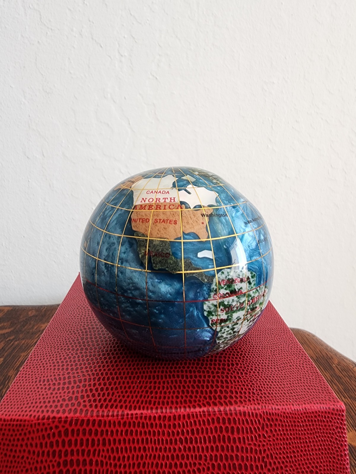 Handcrafted Gemstone Globe Paperweight in Decorative Red Box