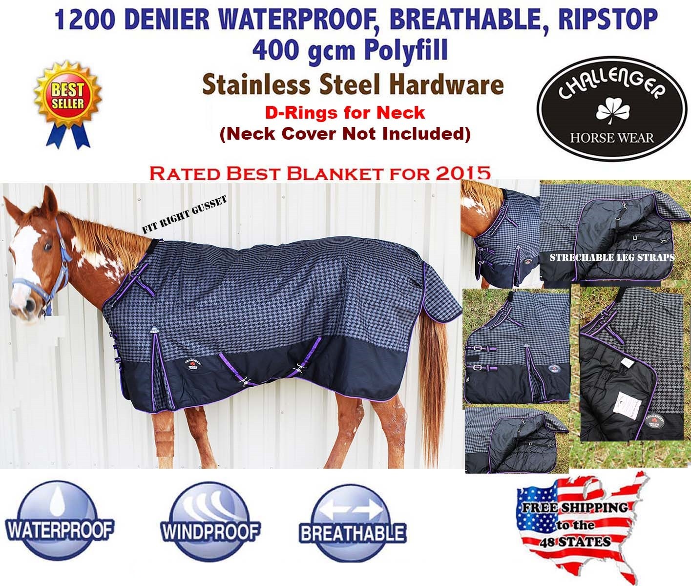 78" 1200D Turnout Waterproof Horse WINTER BLANKET HEAVY Black 502