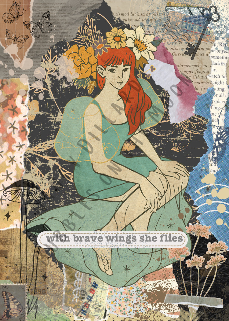 ACEO ATC Print Digital Mixed Media Collage VTG Fairy Mushroom Inspirational