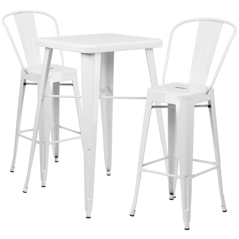 23.75'' Industrial White Metal Indoor-Outdoor Restaurant Bar Table w/ 2 stools