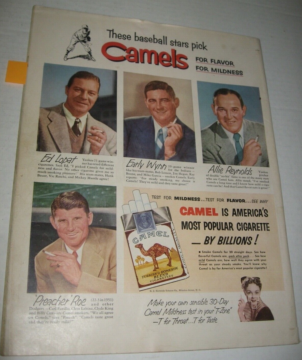 Vintage 1952 CAMEL Cigarettes AD Ed LOPAT EARLY WYNN Allie REYNOLDS 1950s