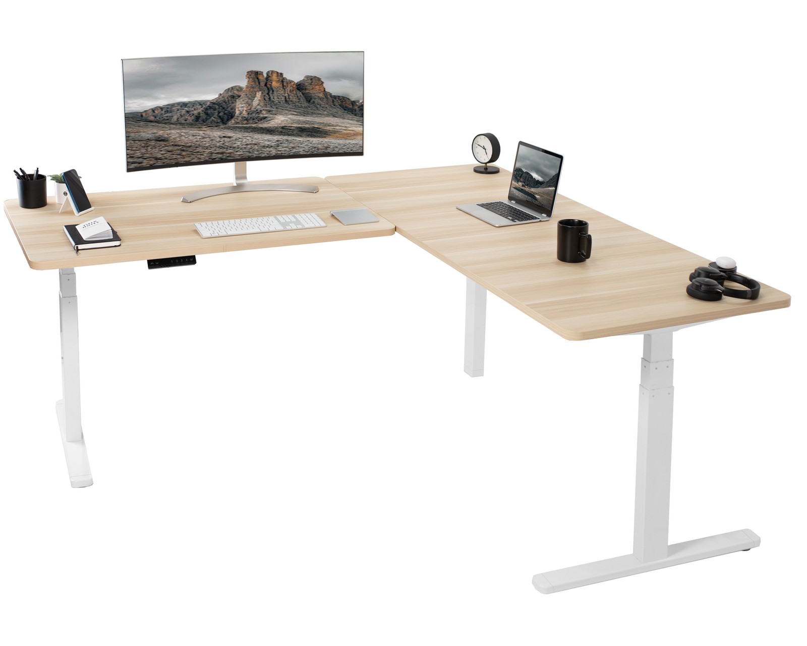 VIVO Electric 77" x 71" Corner Stand Up Desk, Light Wood Table Tops, White Frame