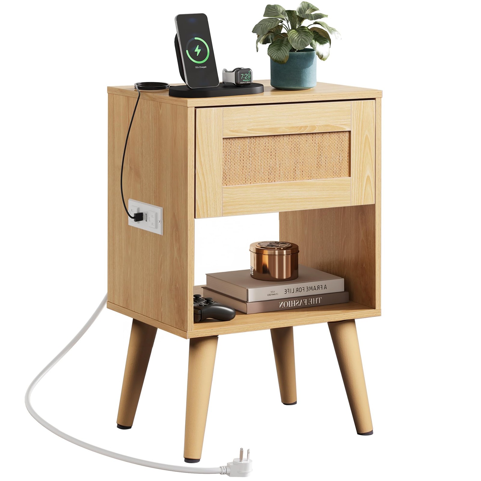 WLIVE Rattan Nightstand with 11.73"D x 15.18"W x 23.78"H, Ratten Natural Wood