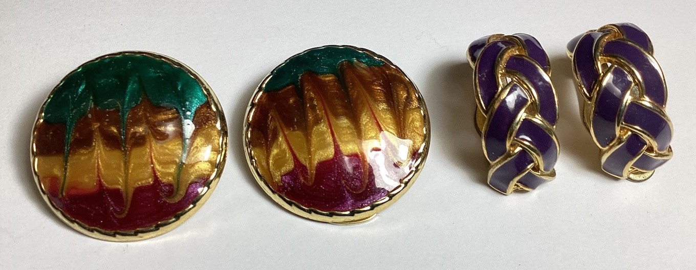 TWO PAIR MIXED LOT OF ENAMEL CLIP-ON EARRINGS PURPLE & MULTICOLORED PRETTY