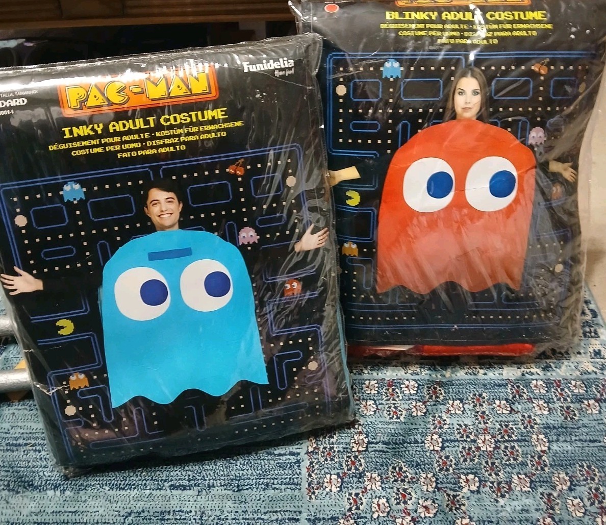 2 Vintage Unused Vintage PAC-Man  Adult INKY  & Blinky Costumes By Funidelia