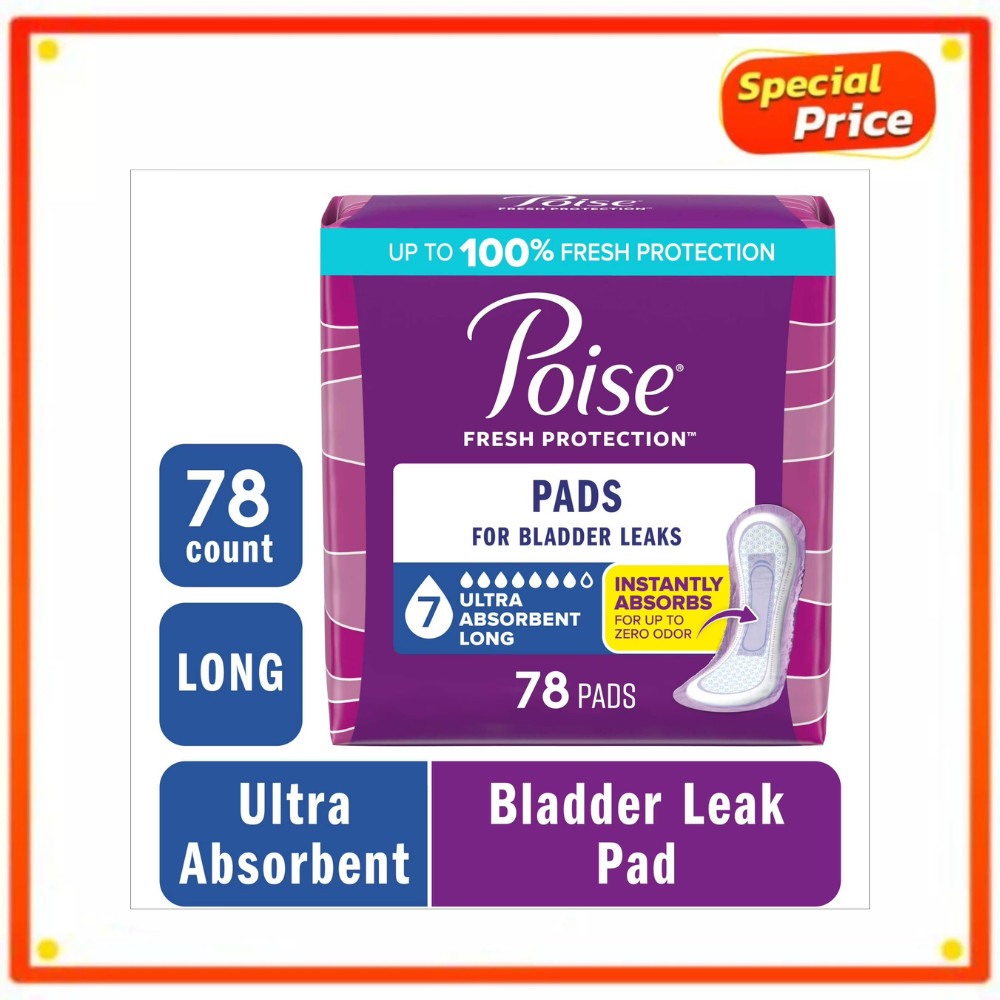 Poise Incontinence Pads for Women, Ultra Absorbency (7 Drops), Long, 78 Count