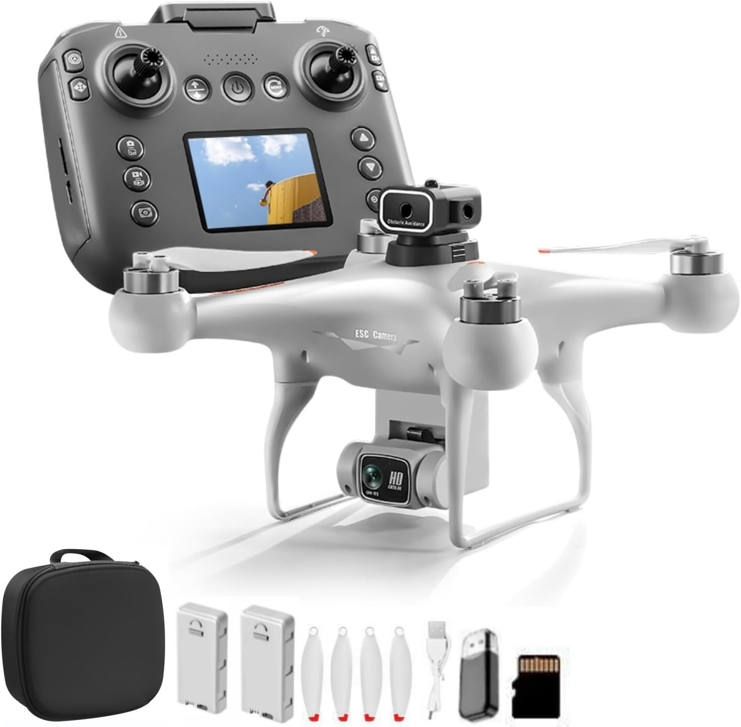Hobby Drone with Screen Remote 1080P Dual Camera 2 Batteries White