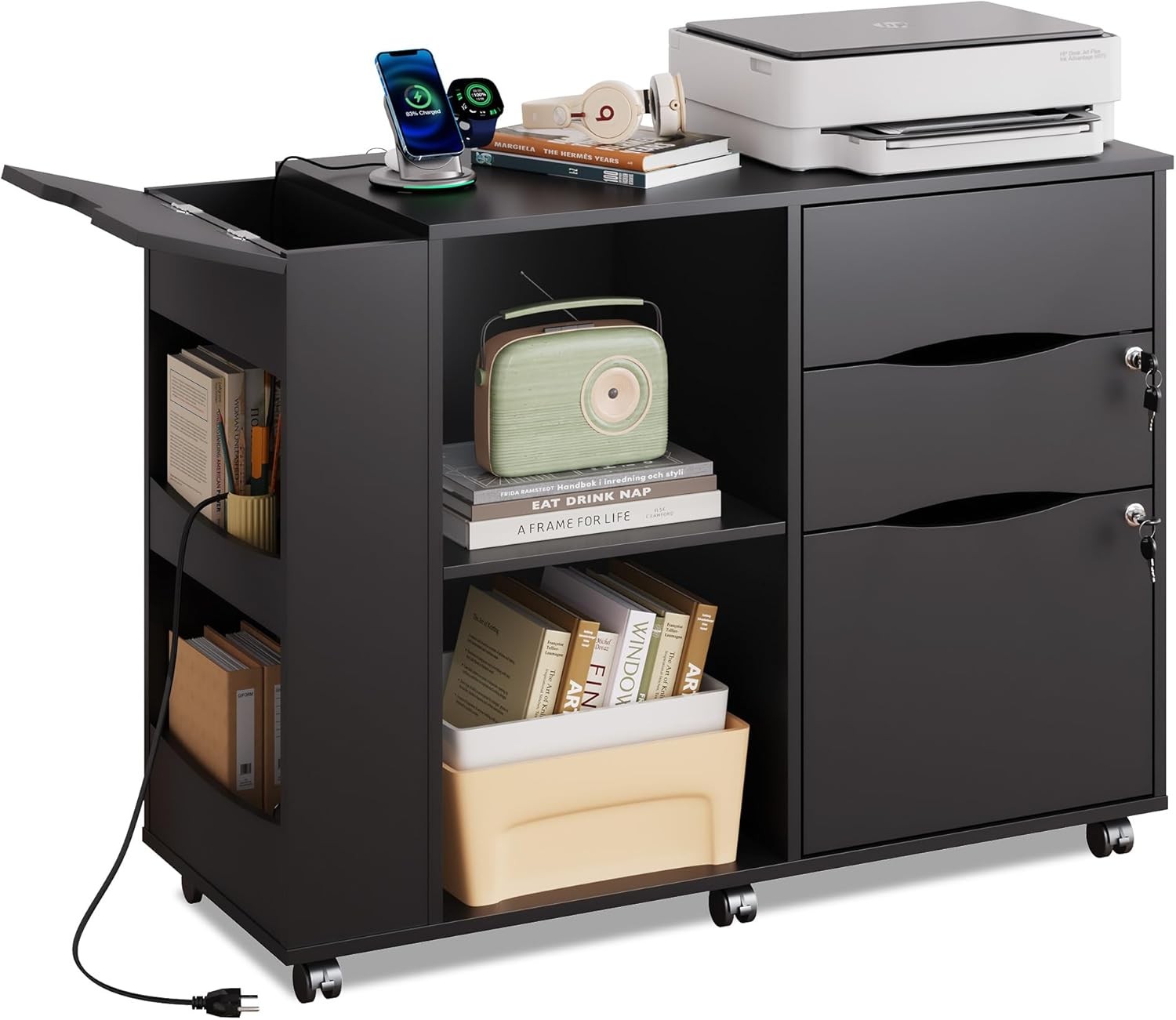 3 Drawer Rolling Mobile Lateral Filing Cabinets with Charging Station Printer