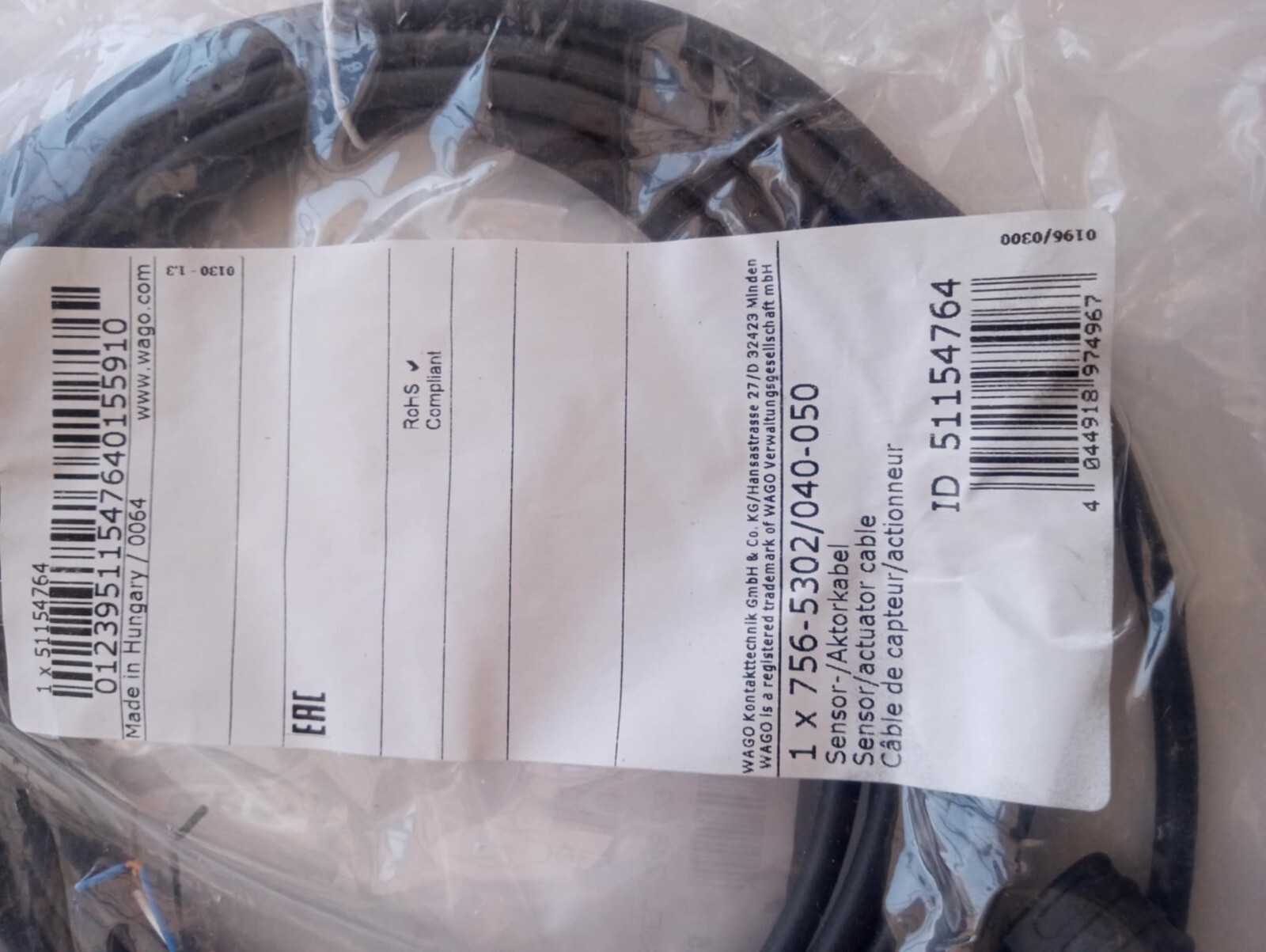 WAGO 756-5302/040-050 Sensor/Actuator cable; M12A socket; angled; 4-pole, 5 m