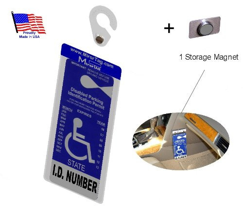 Handicap Tag Holder & Protector+Storage Magnet. Sturdy Hook - ON & OFF in a Snap