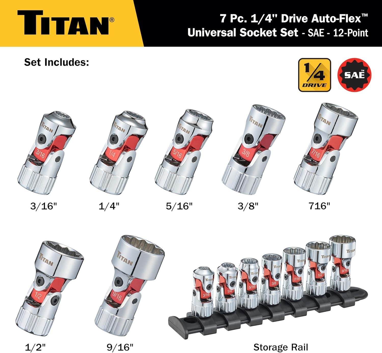 Titan Tools Auto Flex Universal Socket Set - SAE, 1/4" Drive, 7 Piece (66860)