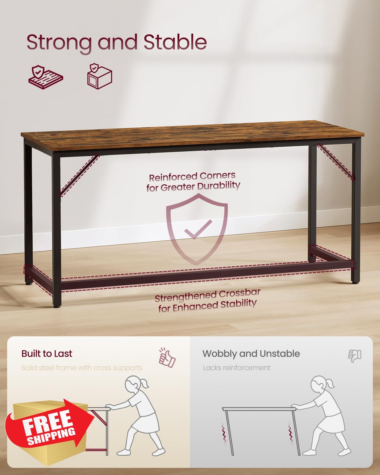 VASAGLE 63" Rustic Brown/Black Computer Desk