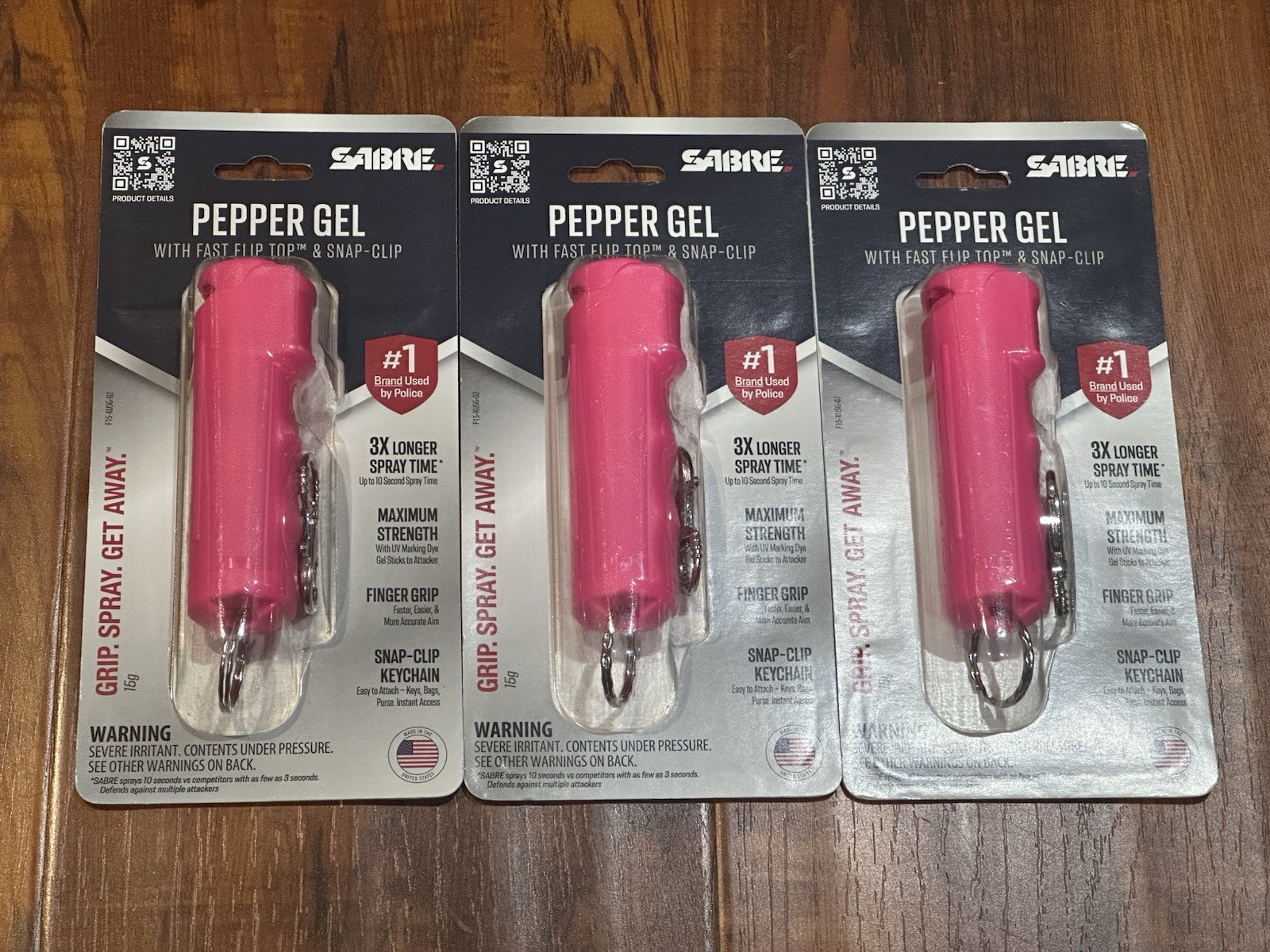 Lot of (3) Sabre Pepper Gel UV Spray 15g with Easy Release Clip - Pink - New!