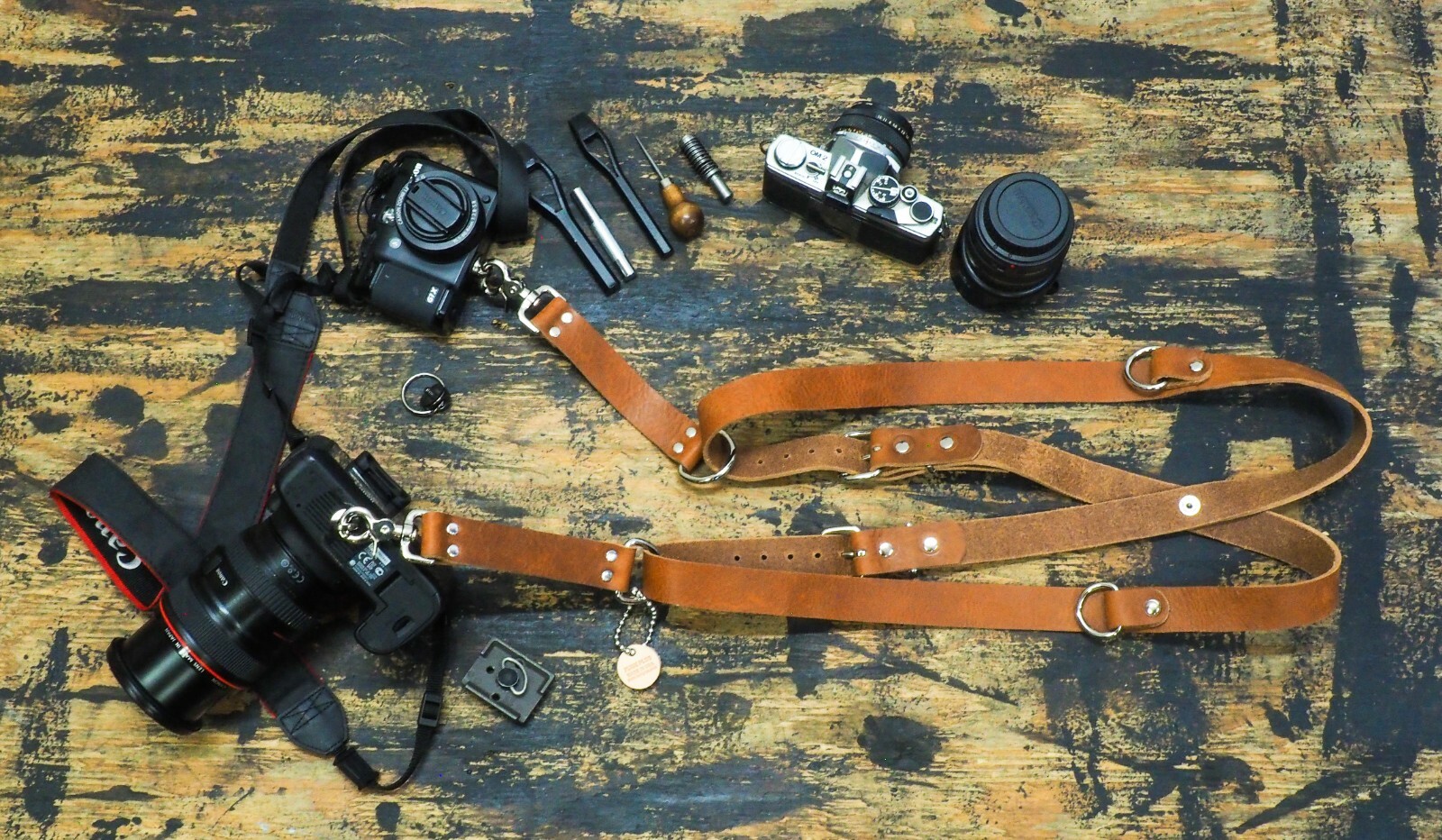 Leather Dual Harness Shoulder Strap Two Camera Adjustable Size Tan Saddle USA