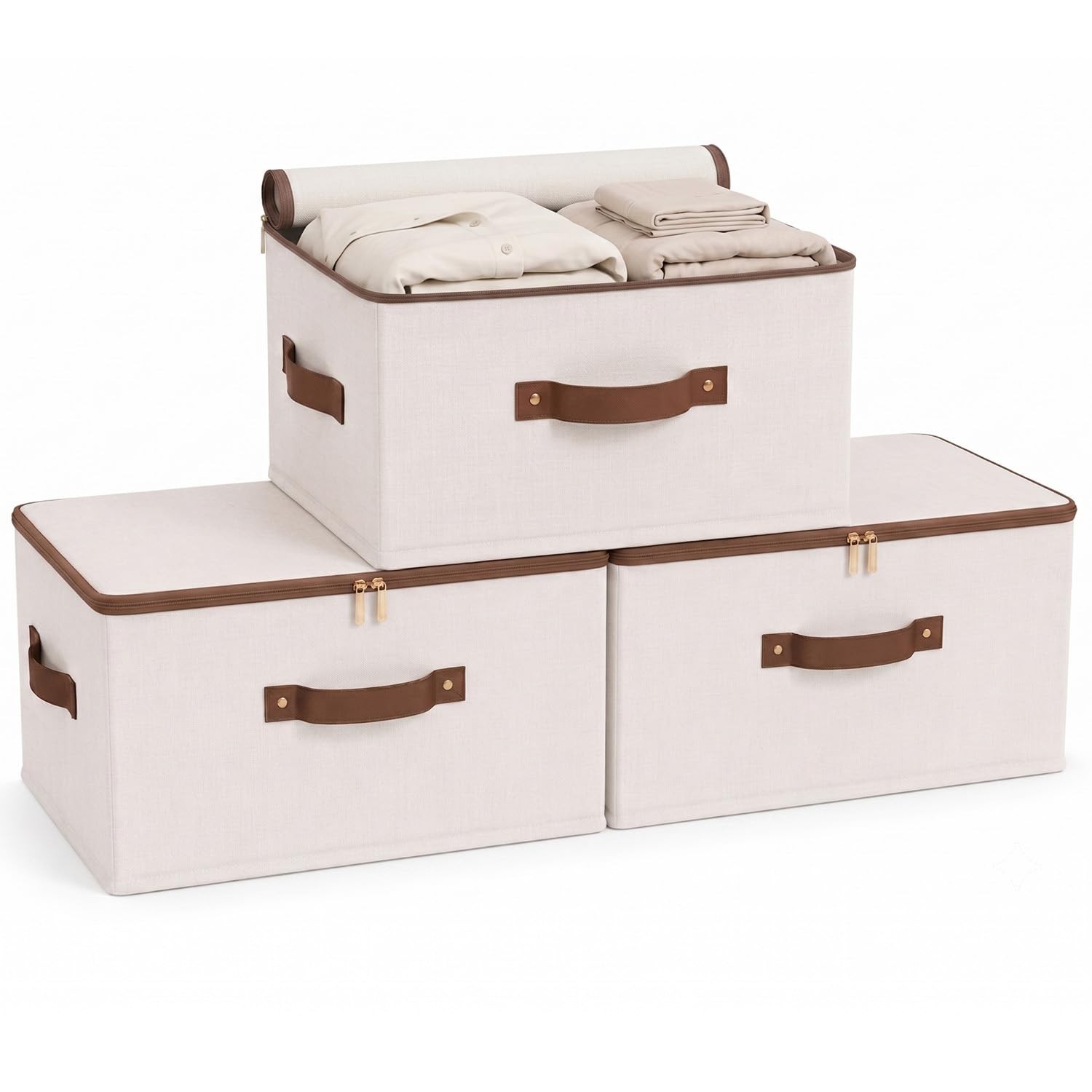 3 Pcs Rigid Storage Bins with Zipper Lid, Cotton Linen Fabric Storage Boxes, ...