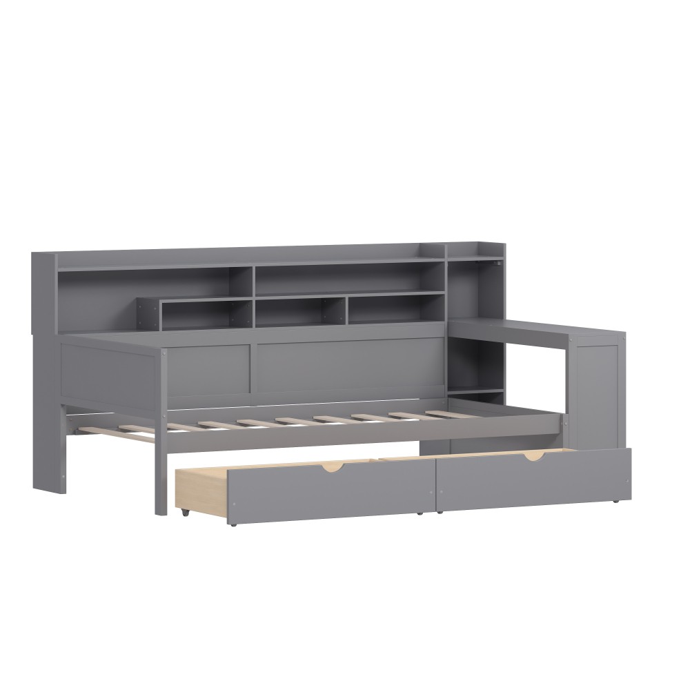Twin Daybed w/ Storage & Desk, Wood Frame, Gray - Space Saving Design