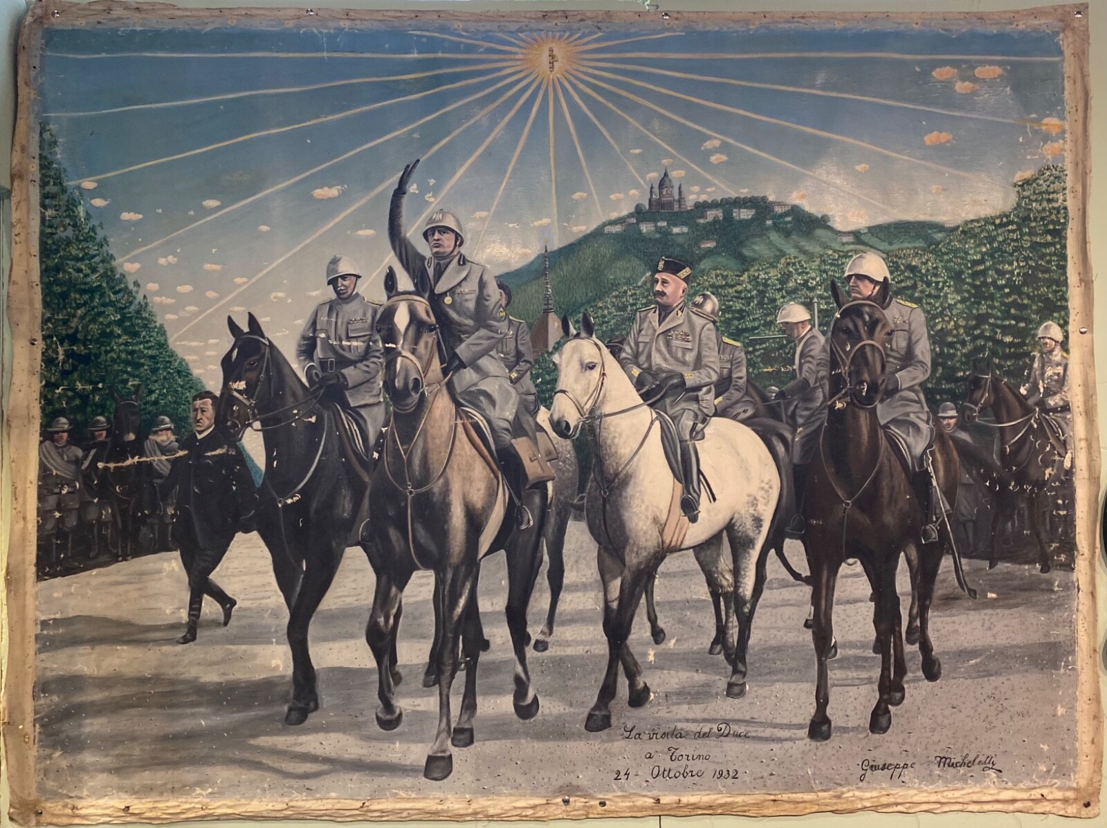 REGNO D’ITALIA IL CAPO DEL GOVERNO E DEL PARTITO VISITA TORINO 1932 OLIO SU TELA
