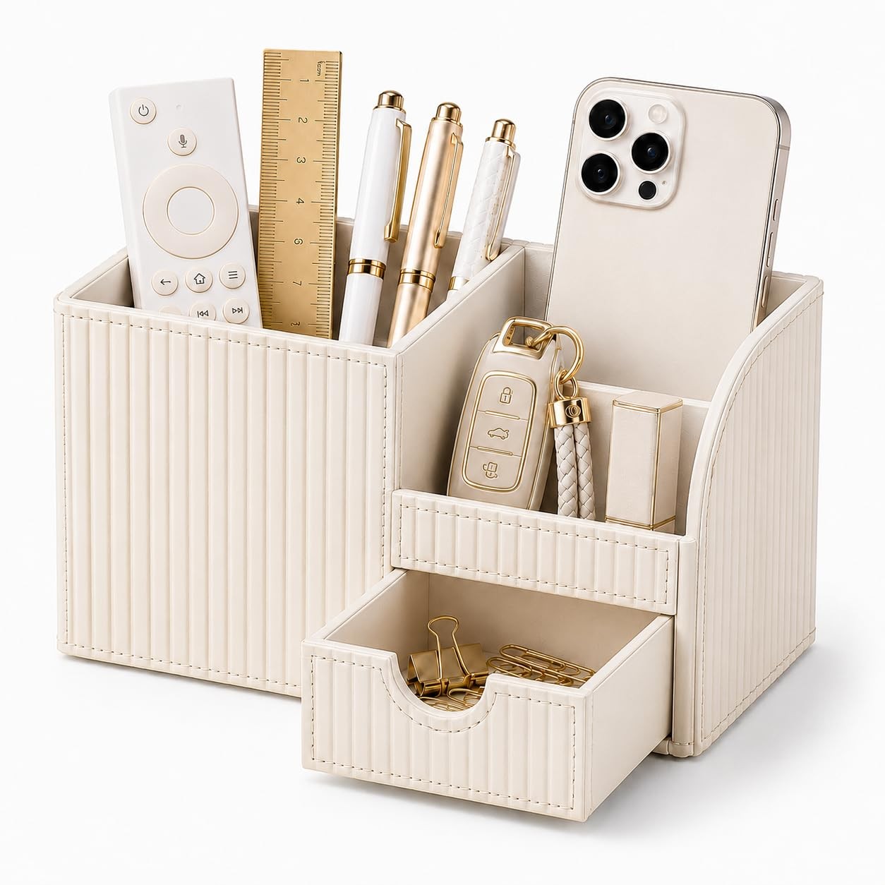 KINGFOM Luxury PU Leather Desk Organizer with Drawer, Modern Aesthetic Office