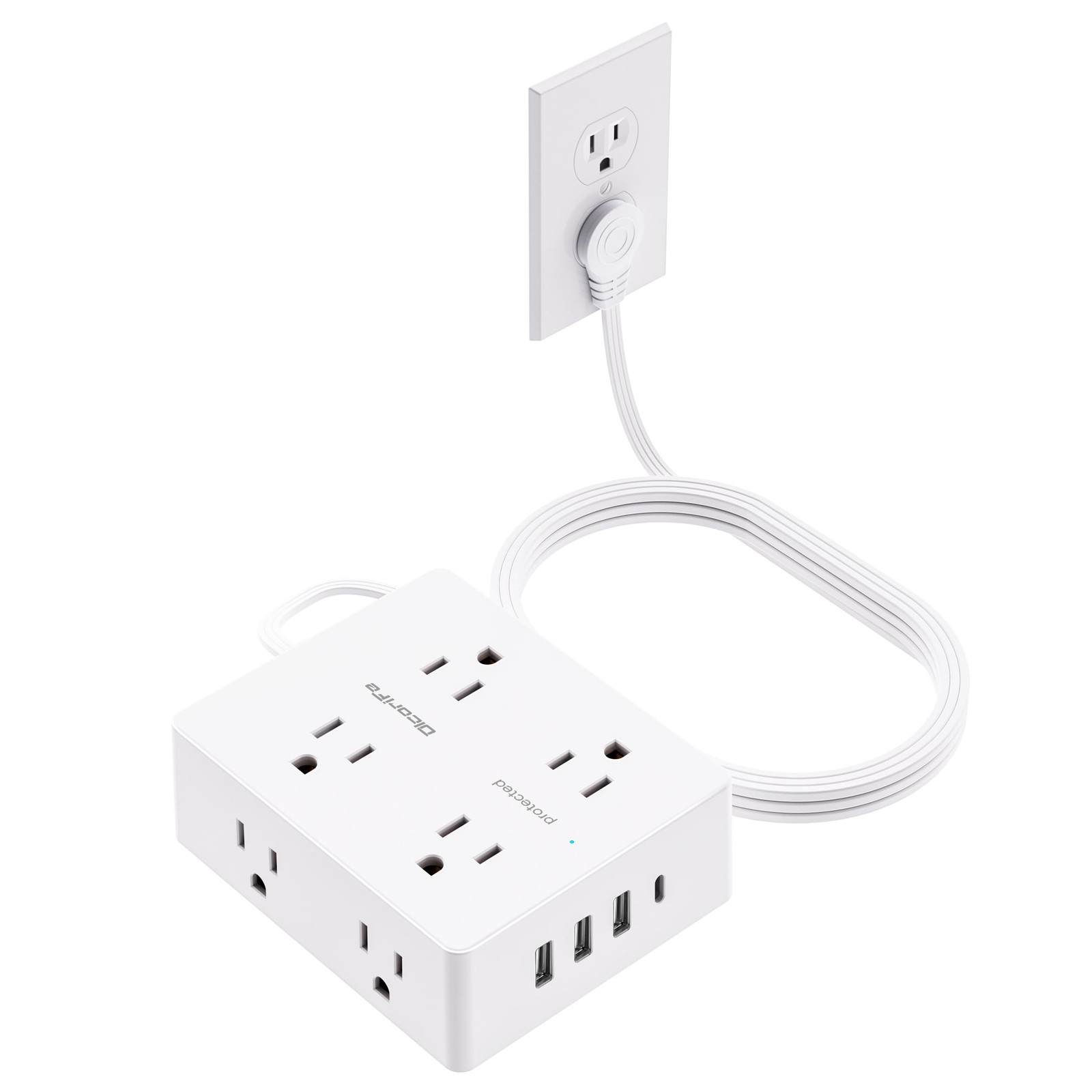 Flat Plug Power Strip with 10 FT Extension Cord, 8 Outlets 4 USB Ports(1 USB ...