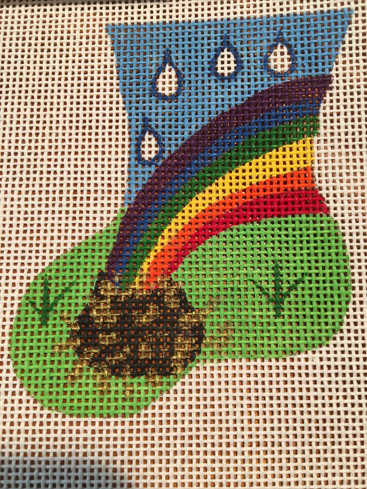 Christmas Stocking Ornament Rainbow Pot of Gold Hand Painted Needlepoint 18 ct