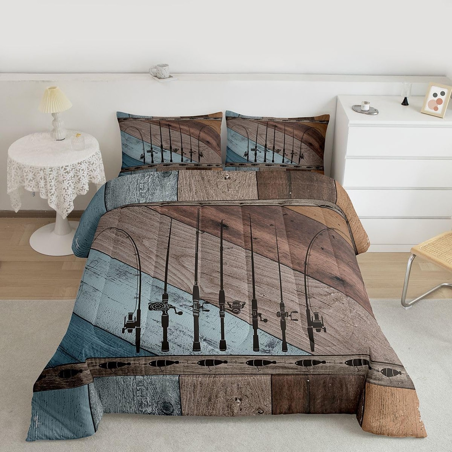 Fishing Quilt Fishing Pole Queen Comforter Set Fishing Gifts for Men,Vintage ...