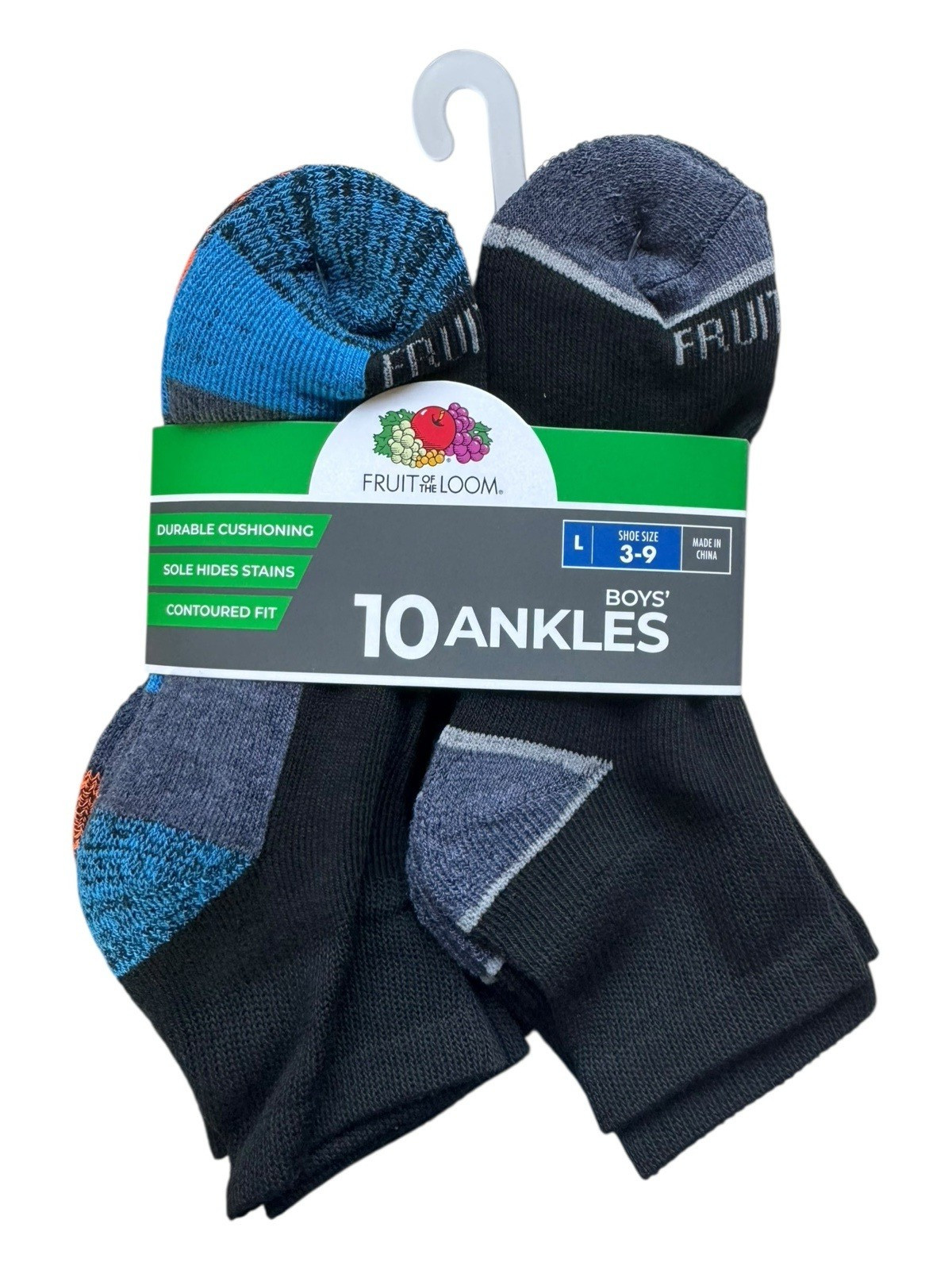 Fruit of the Loom Boys Cushioned Ankle Socks - 10 Pair - Large 3-9 - Black