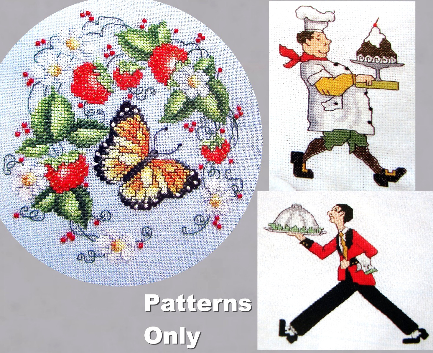 Berries Butterfly Blooms Chef Waiter Potholder Design CROSS STITCH PATTERNS